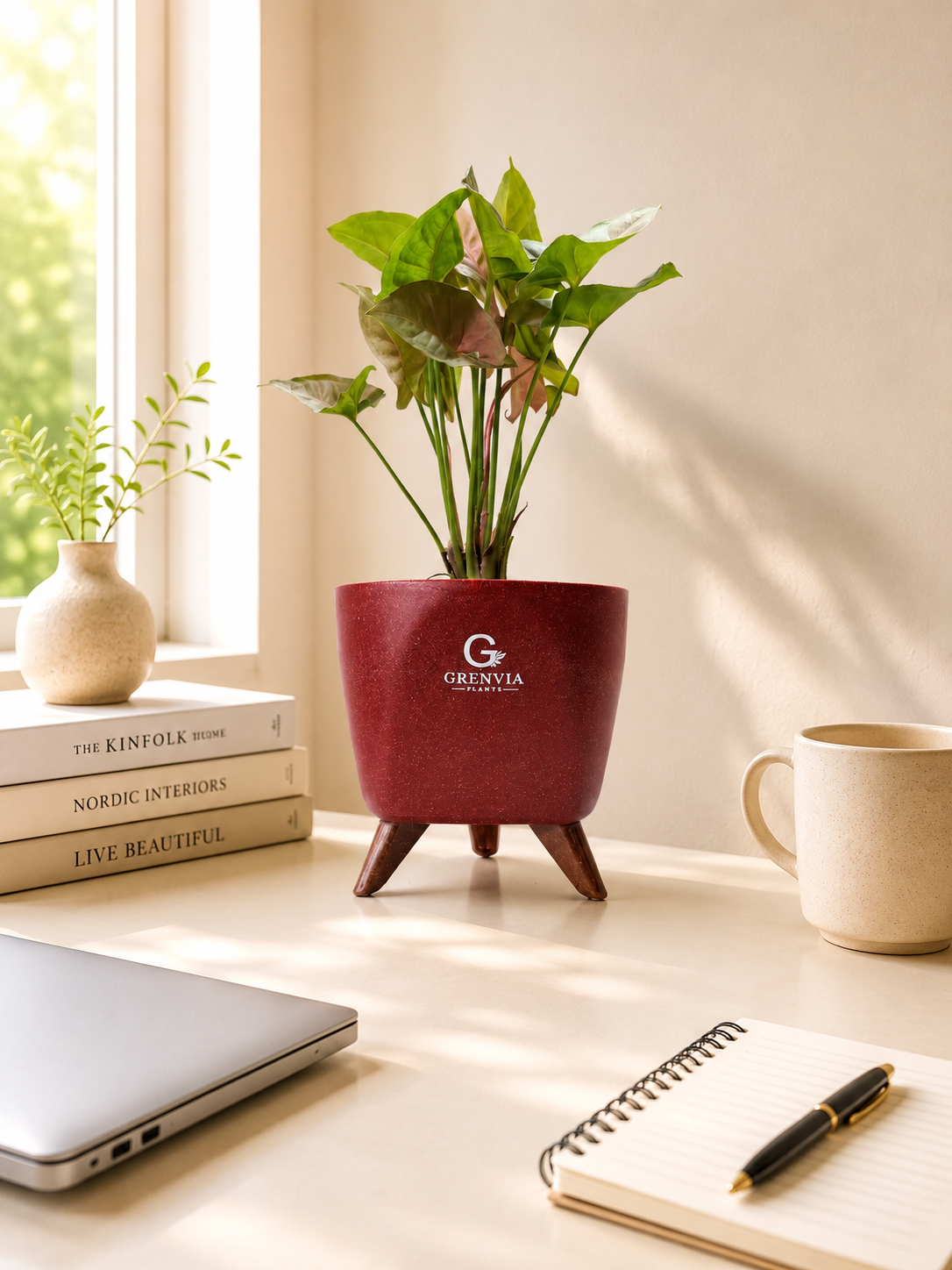 Pink Synghonium-Tripod Stand Eco Planter